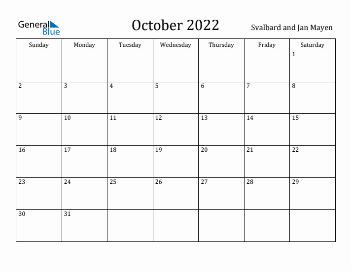 October 2022 Calendar Svalbard and Jan Mayen