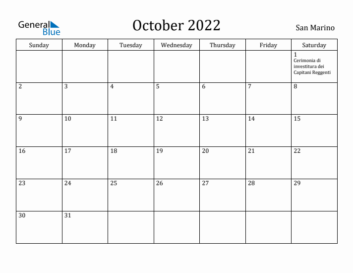 October 2022 Calendar San Marino