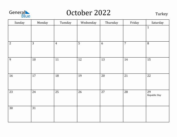 October 2022 Calendar Turkey