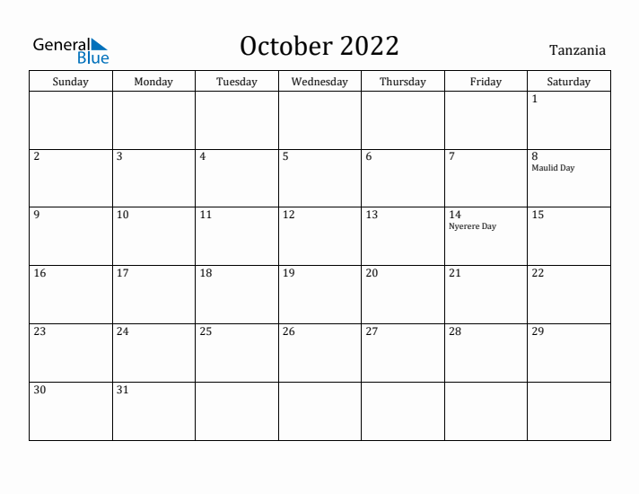 October 2022 Calendar Tanzania