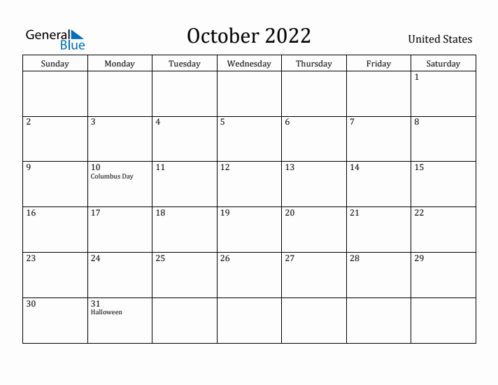 October 2022 Calendar United States
