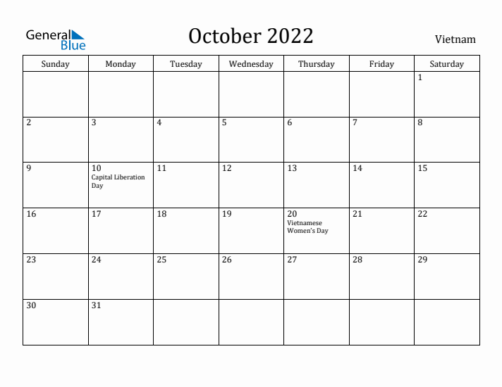 October 2022 Calendar Vietnam