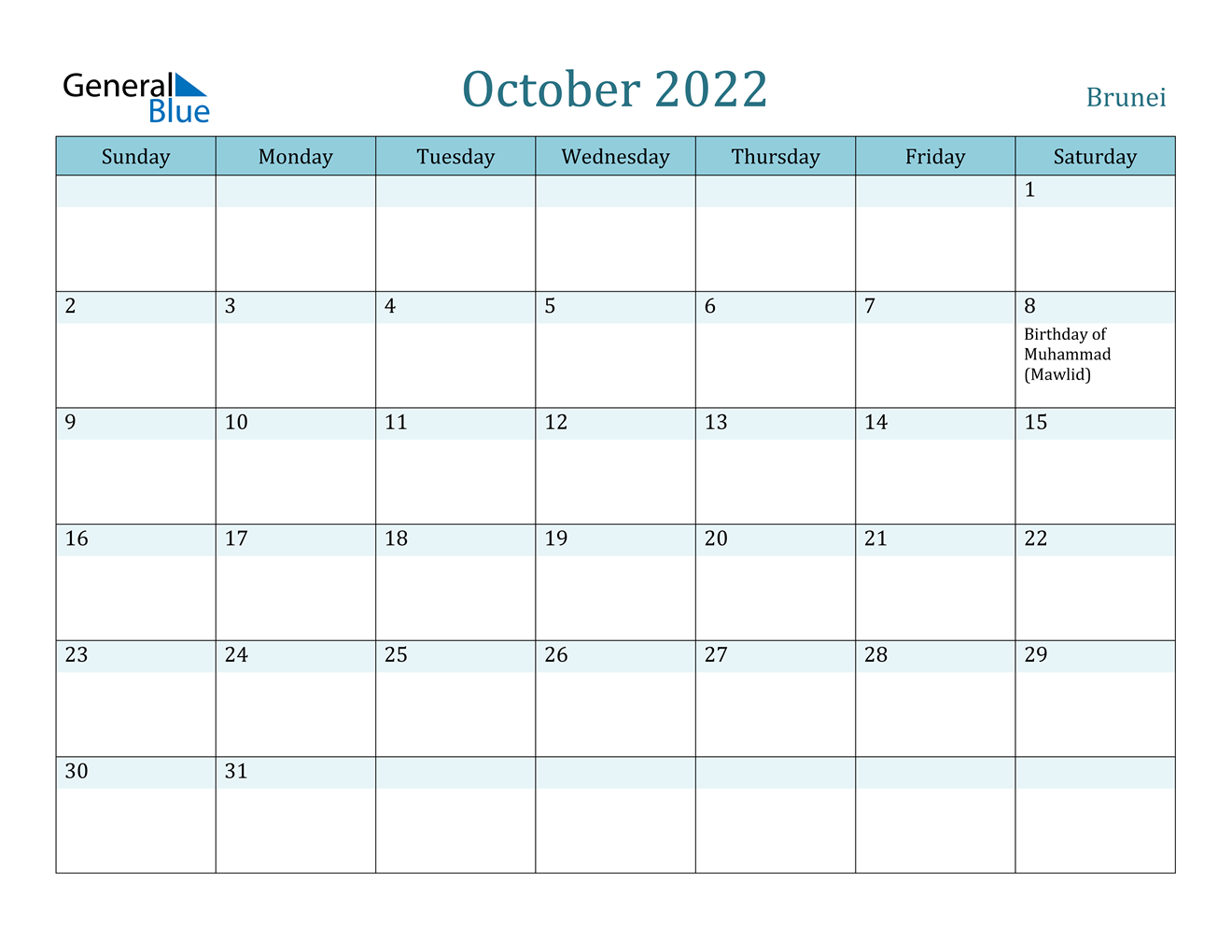 october 2022 calendar brunei