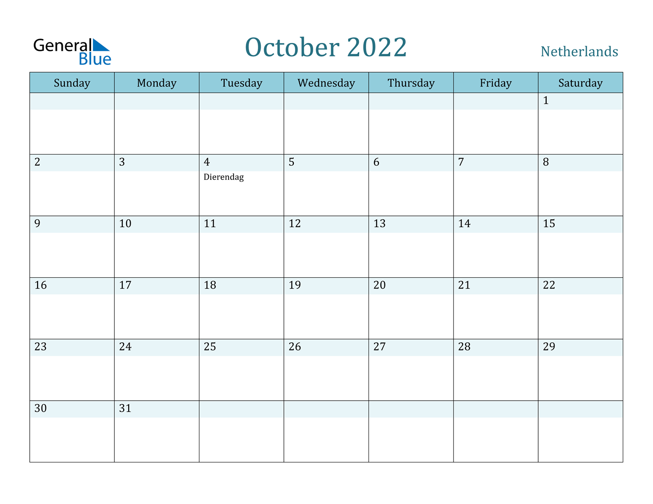 netherlands october 2022 calendar with holidays