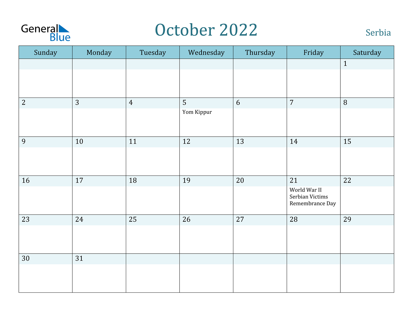 october 2022 calendar serbia