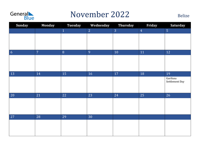 November 2022 Belize Calendar