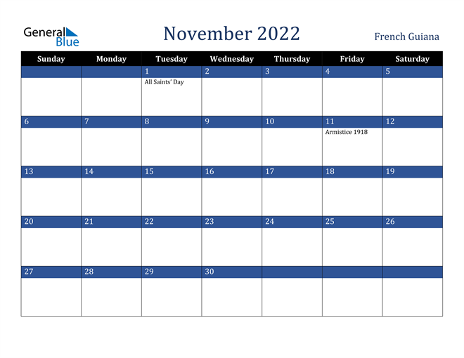 November 2022 French Guiana Calendar