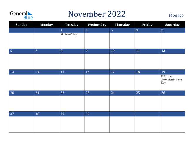 November 2022 Monaco Calendar