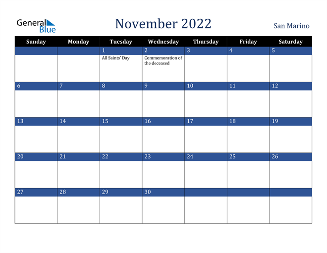 November 2022 San Marino Calendar