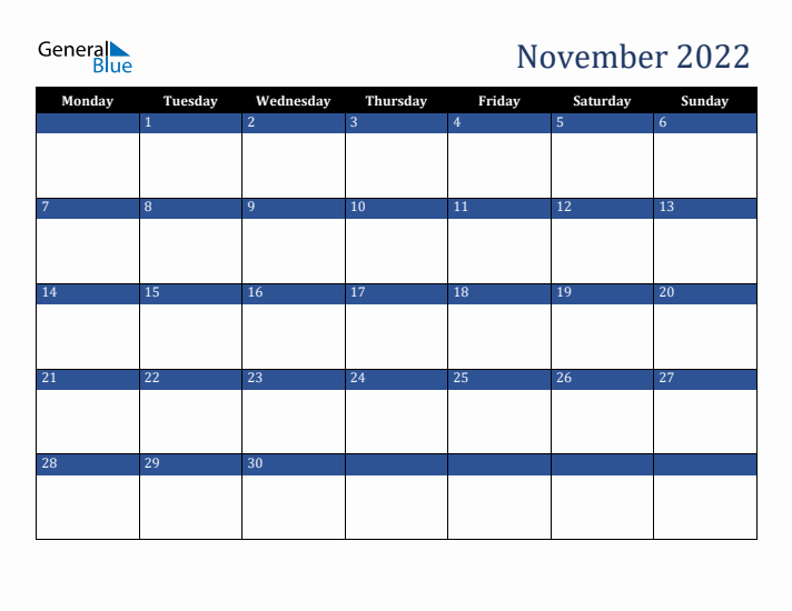 Monday Start Calendar for November 2022