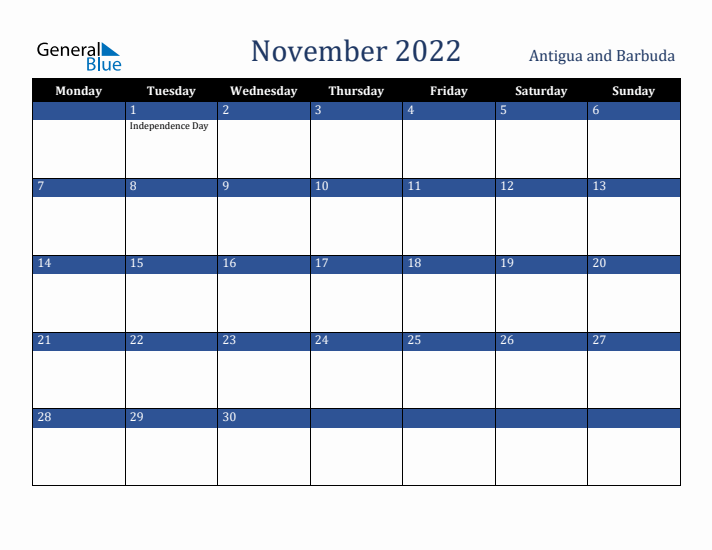 November 2022 Antigua and Barbuda Calendar (Monday Start)