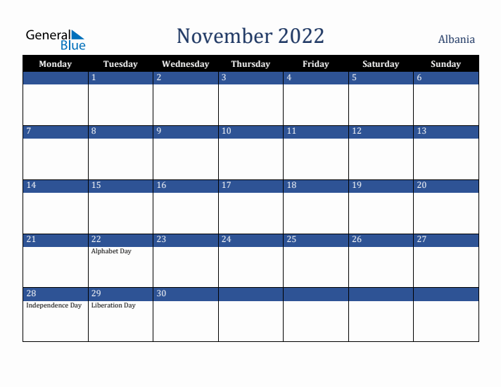 November 2022 Albania Calendar (Monday Start)