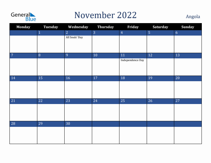 November 2022 Angola Calendar (Monday Start)