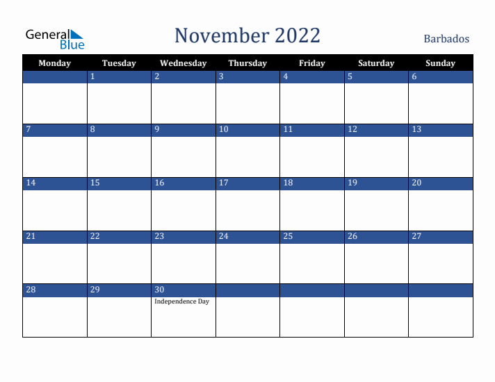 November 2022 Barbados Calendar (Monday Start)