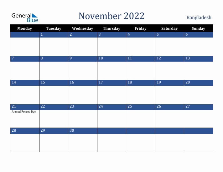 November 2022 Bangladesh Calendar (Monday Start)