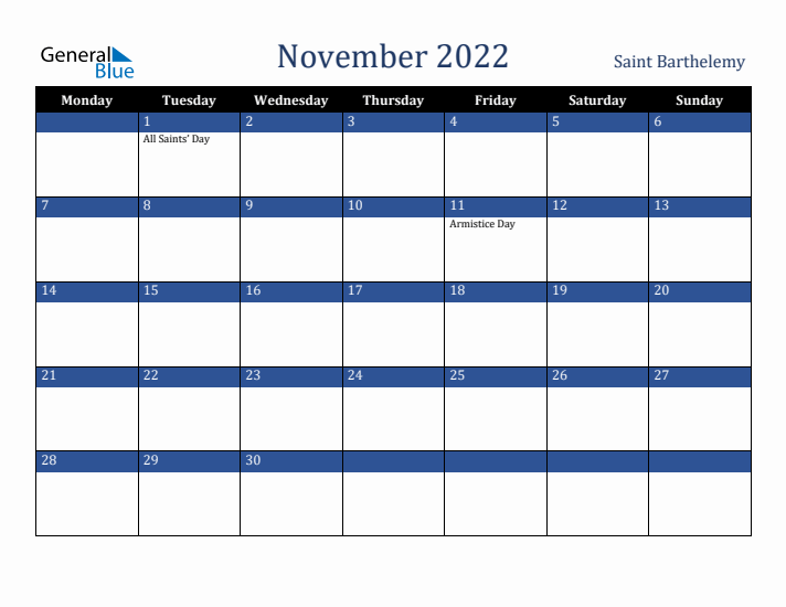 November 2022 Saint Barthelemy Calendar (Monday Start)