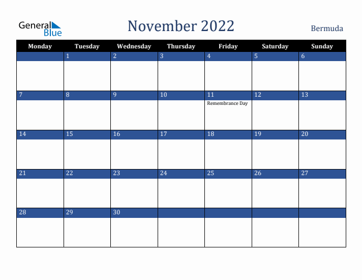 November 2022 Bermuda Calendar (Monday Start)