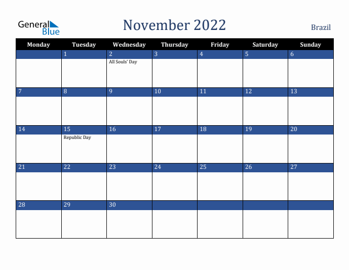 November 2022 Brazil Calendar (Monday Start)