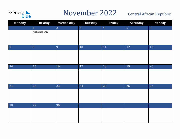 November 2022 Central African Republic Calendar (Monday Start)