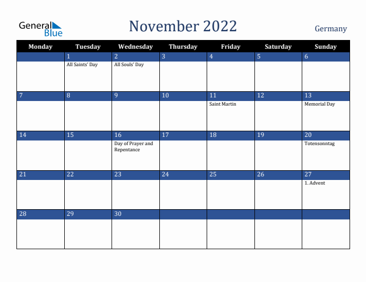 November 2022 Germany Calendar (Monday Start)