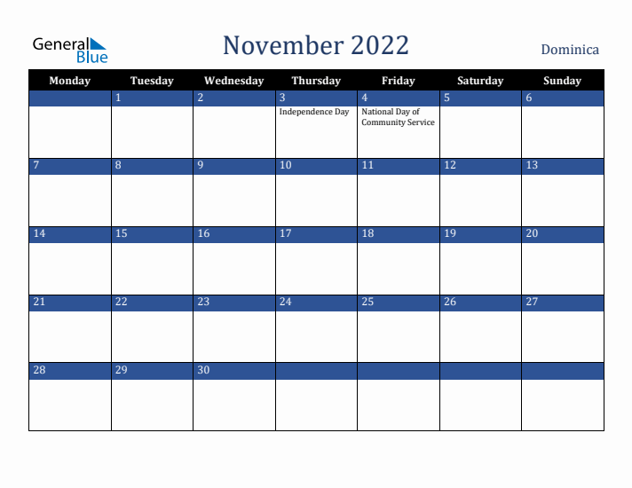 November 2022 Dominica Calendar (Monday Start)