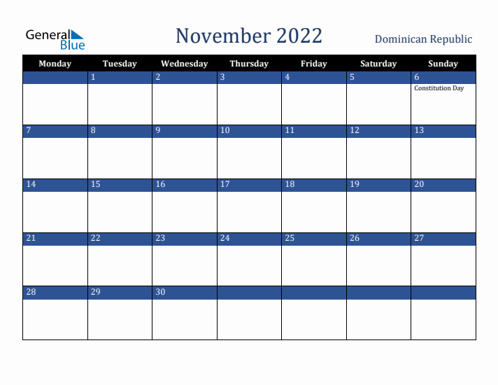 November 2022 Dominican Republic Calendar (Monday Start)