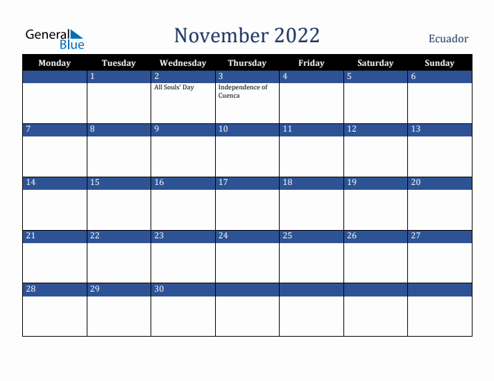 November 2022 Ecuador Calendar (Monday Start)