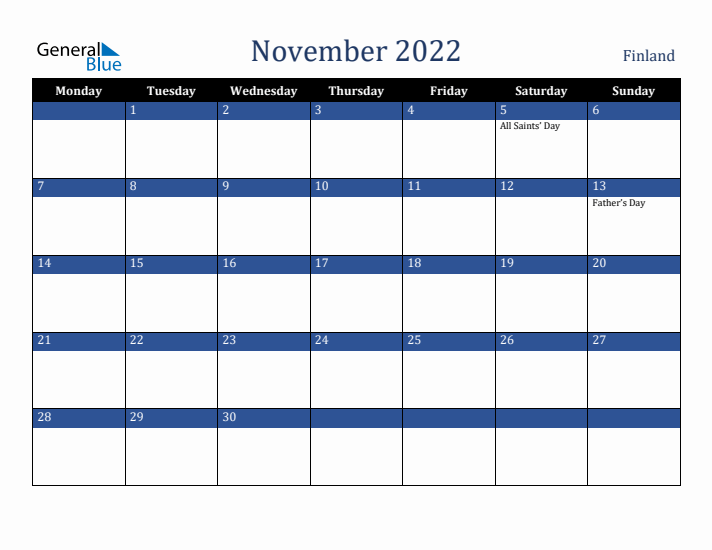 November 2022 Finland Calendar (Monday Start)