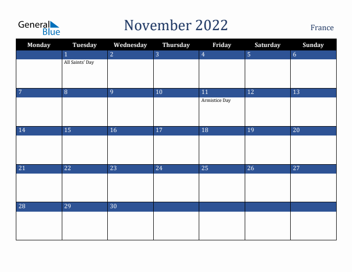 November 2022 France Calendar (Monday Start)