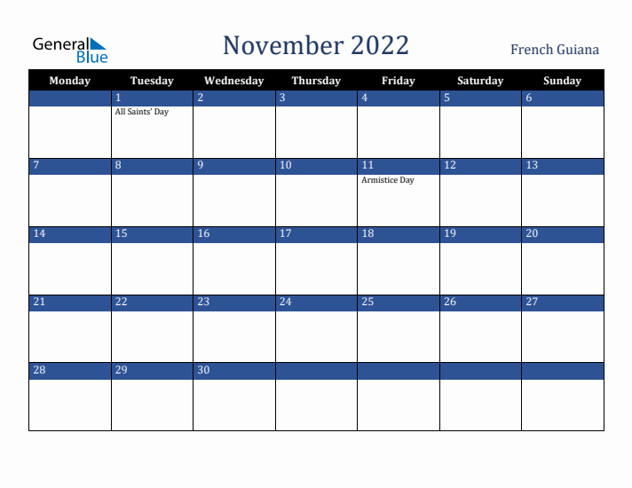November 2022 French Guiana Calendar (Monday Start)