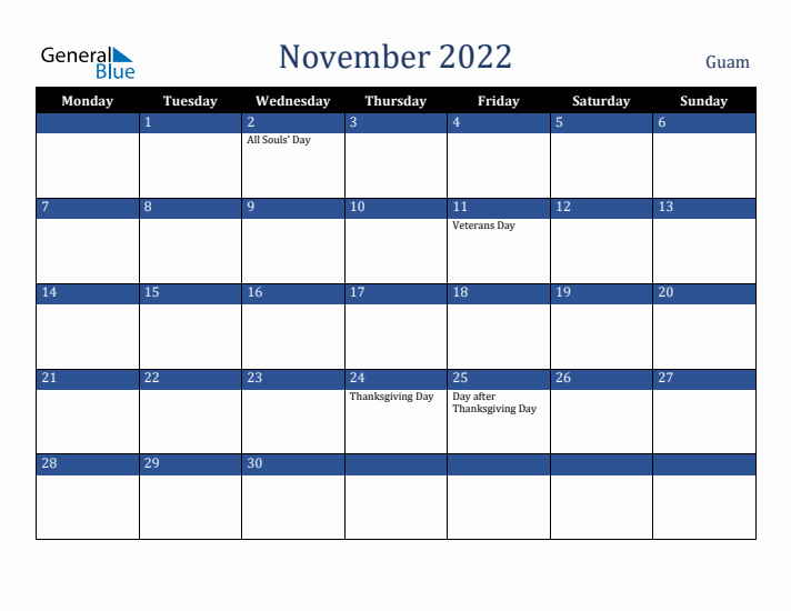 November 2022 Guam Calendar (Monday Start)