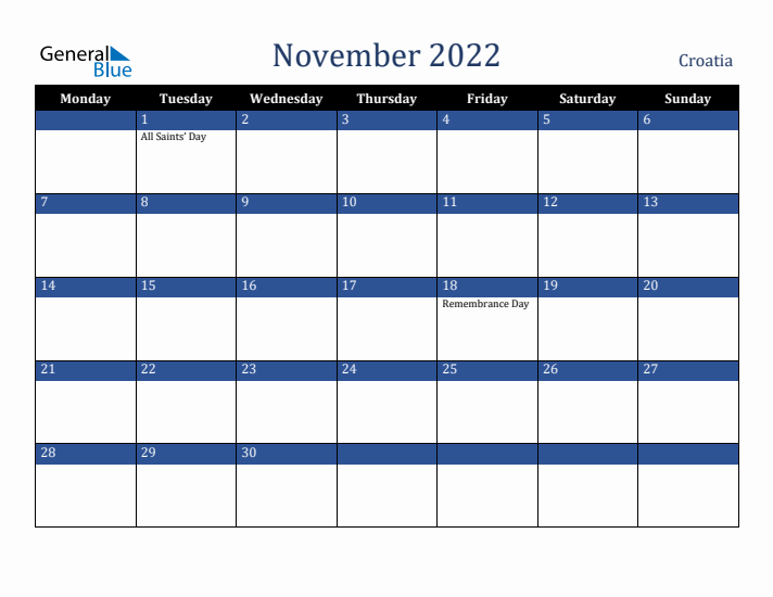 November 2022 Croatia Calendar (Monday Start)