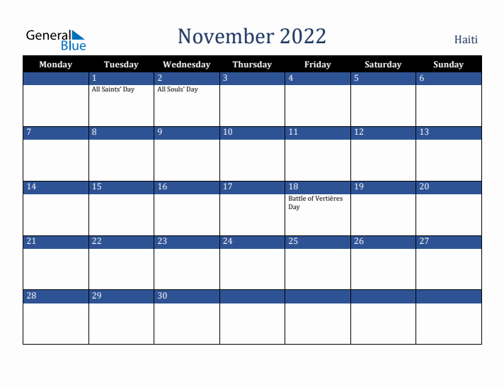 November 2022 Haiti Calendar (Monday Start)