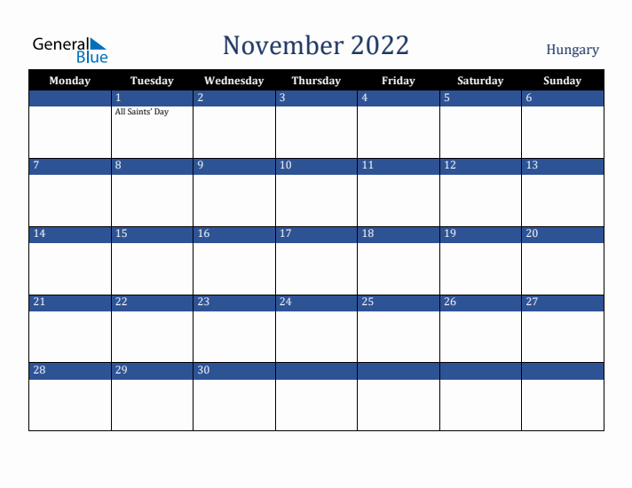 November 2022 Hungary Calendar (Monday Start)