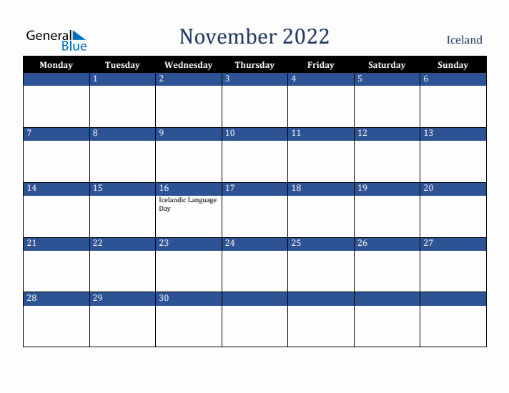 November 2022 Iceland Calendar (Monday Start)