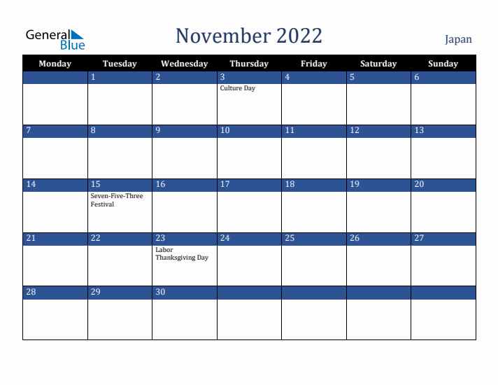 November 2022 Japan Calendar (Monday Start)