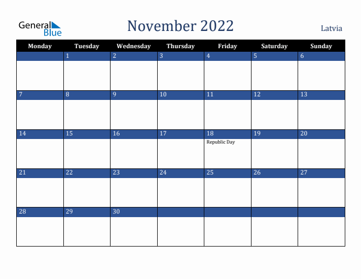 November 2022 Latvia Calendar (Monday Start)