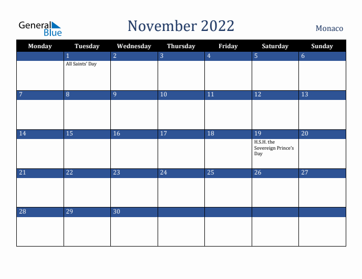 November 2022 Monaco Calendar (Monday Start)