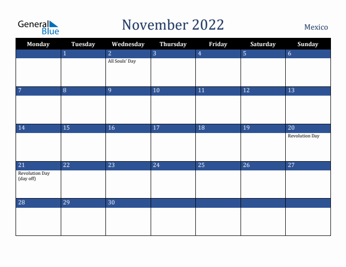 November 2022 Mexico Calendar (Monday Start)