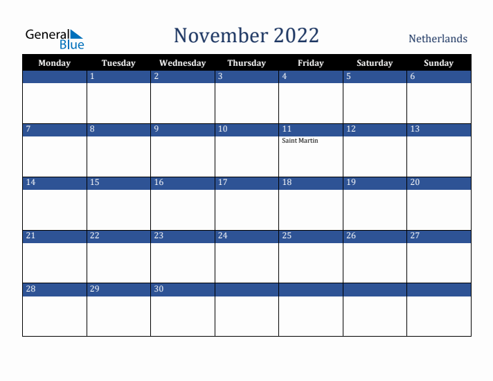 November 2022 The Netherlands Calendar (Monday Start)