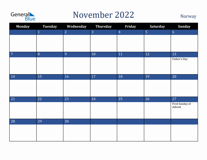 November 2022 Norway Calendar (Monday Start)