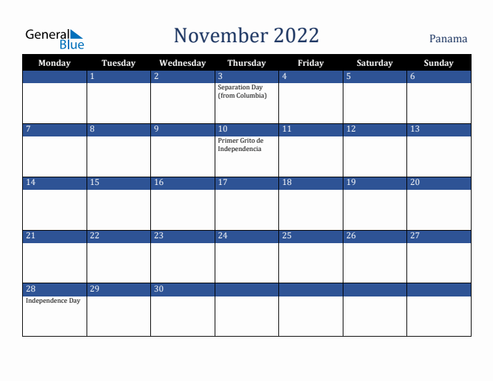 November 2022 Panama Calendar (Monday Start)