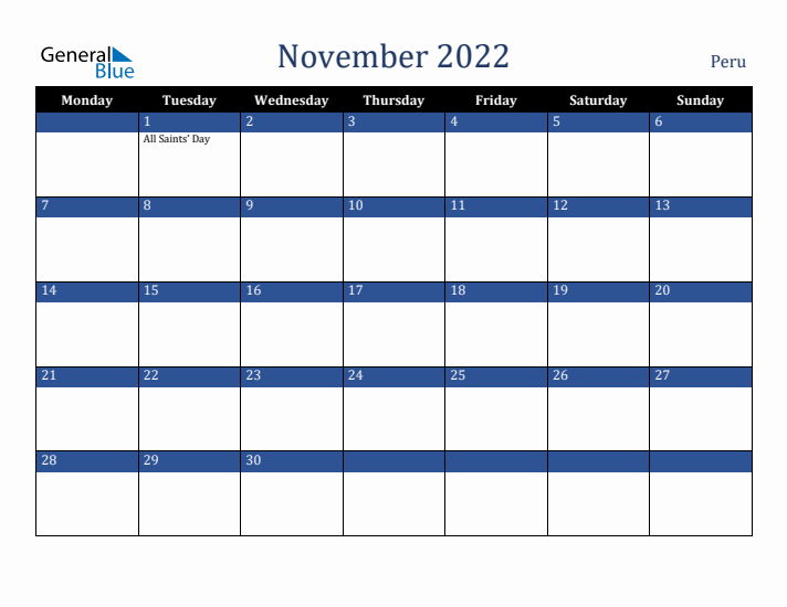 November 2022 Peru Calendar (Monday Start)