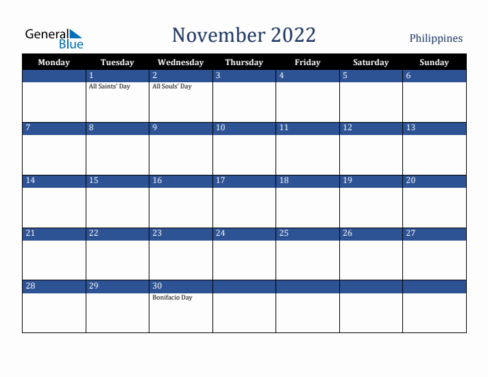 November 2022 Philippines Calendar (Monday Start)