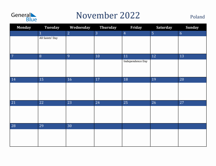 November 2022 Poland Calendar (Monday Start)
