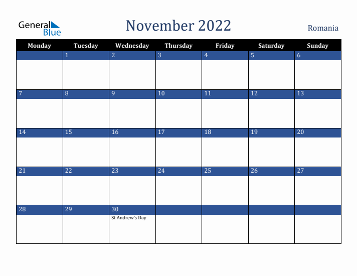 November 2022 Romania Calendar (Monday Start)
