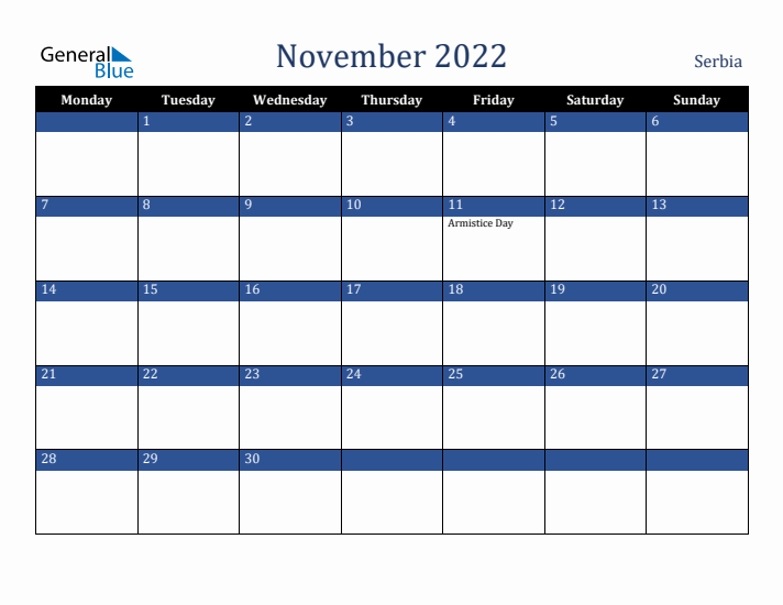November 2022 Serbia Calendar (Monday Start)
