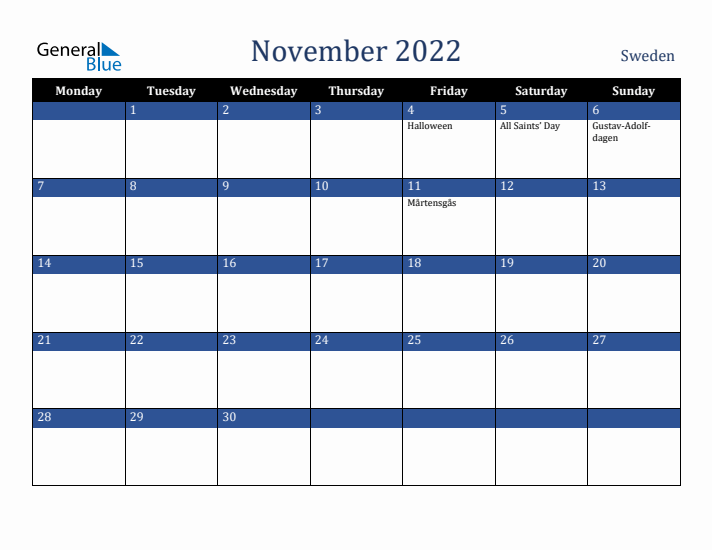November 2022 Sweden Calendar (Monday Start)