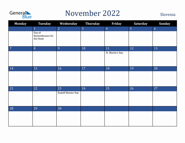 November 2022 Slovenia Calendar (Monday Start)