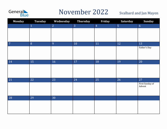 November 2022 Svalbard and Jan Mayen Calendar (Monday Start)